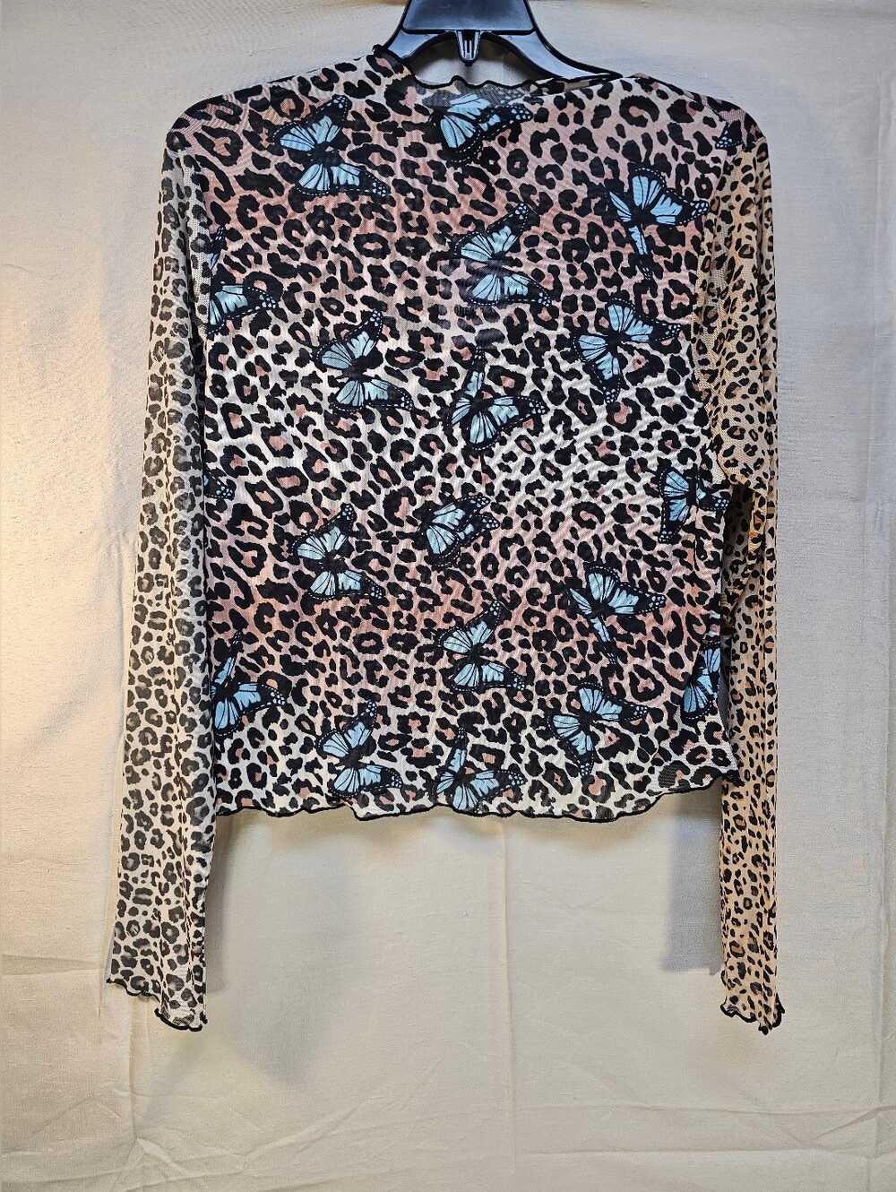 Forever 21 Women's Long Sleeve Leopard & Blue Butterfly Print Top